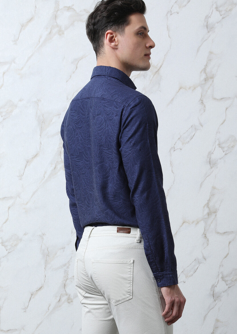 Navy Blue Patterned Slim Fit Long Weaving Casual Cotton Blended Shirt - 5