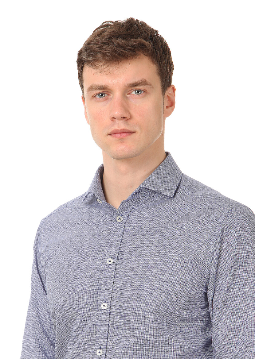 Navy Blue Patterned Slim Fit Long Weaving Classical 100% Cotton Shirt - 2