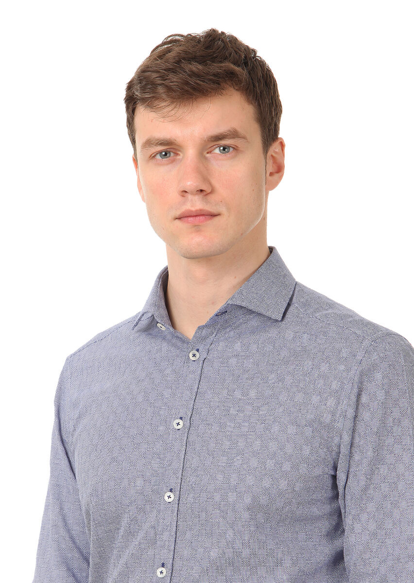 Navy Blue Patterned Slim Fit Long Weaving Classical 100% Cotton Shirt - 2