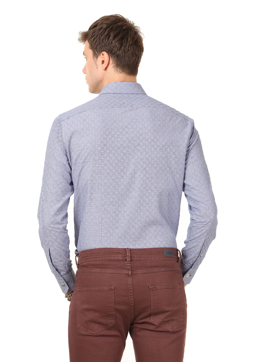 Navy Blue Patterned Slim Fit Long Weaving Classical 100% Cotton Shirt - 4
