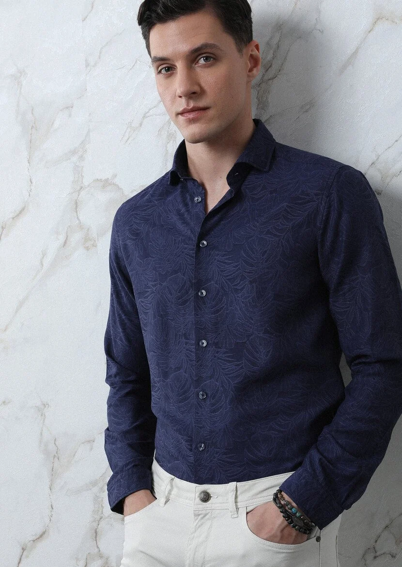 Navy Blue Patterned Slim Fit Weaving Casual Cotton Blended Shirt - 3