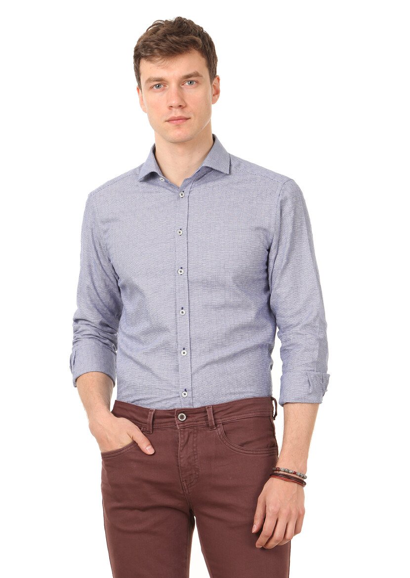 Navy Blue Patterned Slim Fit Weaving Classical 100% Cotton Shirt - 1