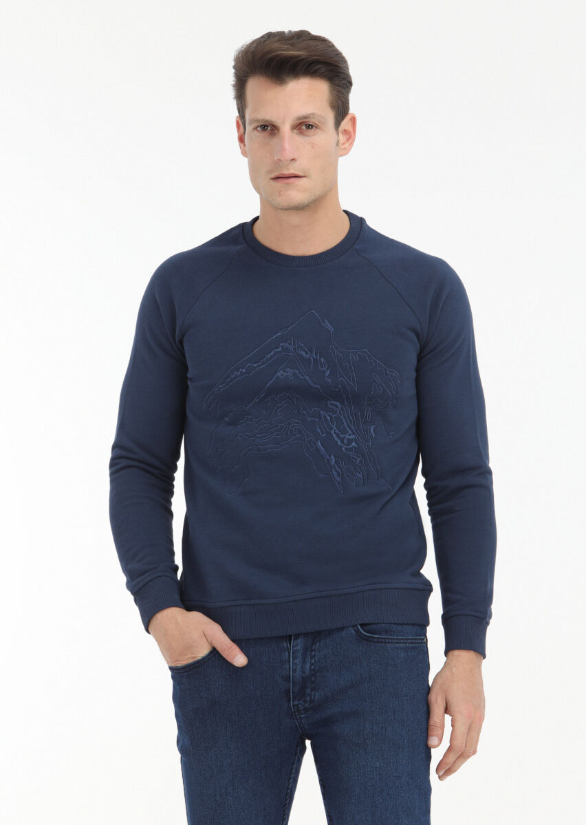 Navy Blue Patterned Sweatshirt - 2