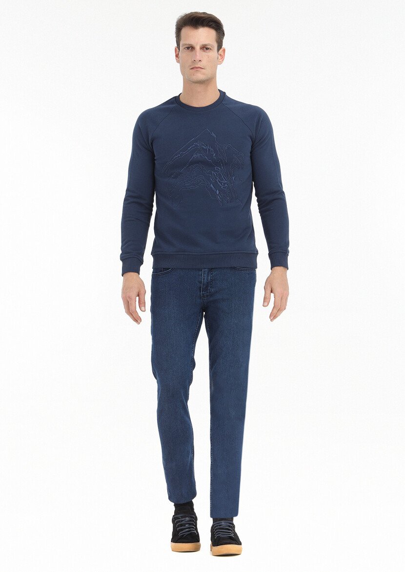 Navy Blue Patterned Sweatshirt - 1