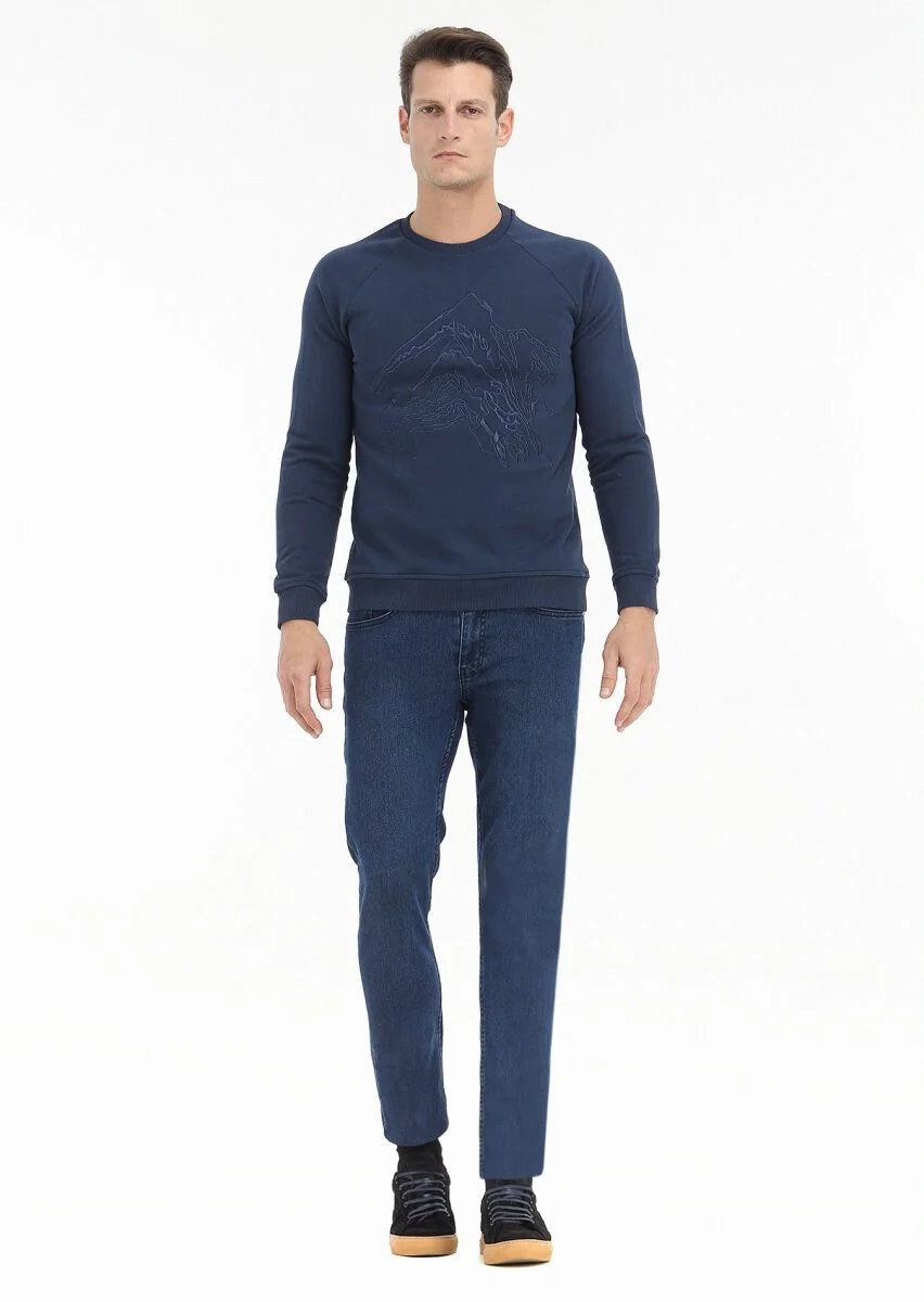 Navy Blue Patterned Sweatshirt - 1