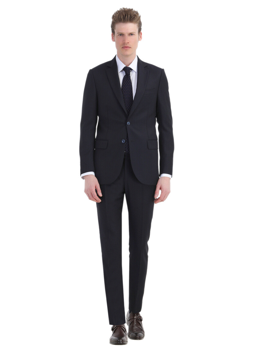 Navy Blue Patterned Thin&Taller Slim Fit 100% Wool Suit - 1