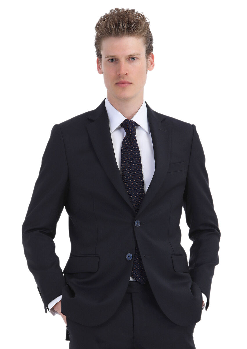 Navy Blue Patterned Thin&Taller Slim Fit 100% Wool Suit - 2