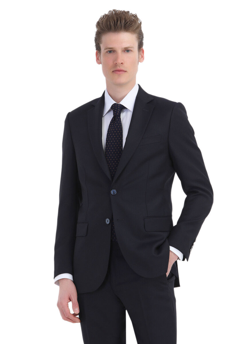 Navy Blue Patterned Thin&Taller Slim Fit 100% Wool Suit - 3