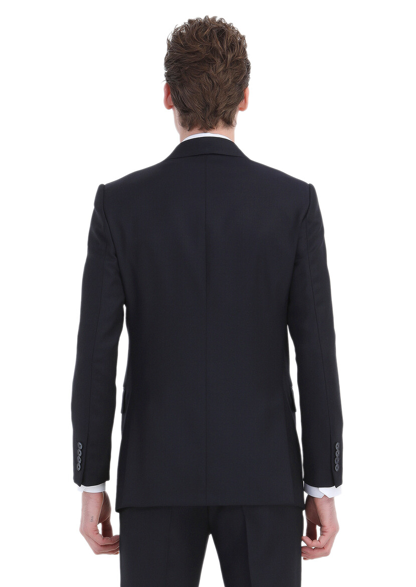 Navy Blue Patterned Thin&Taller Slim Fit 100% Wool Suit - 6