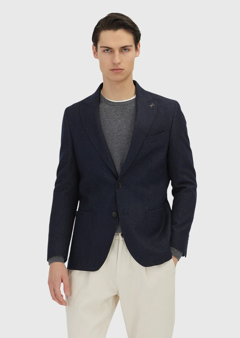 Navy Blue Patterned Wool Blended Jacket - RAMSEY