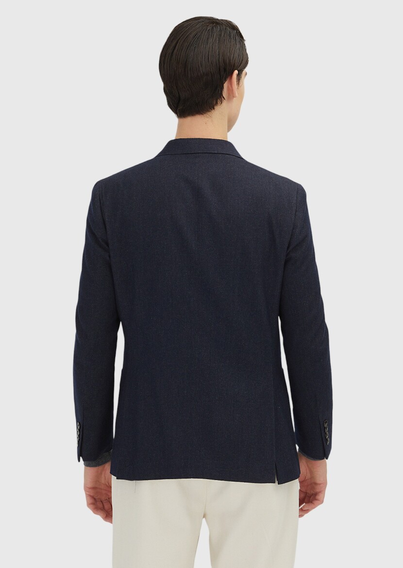 Navy Blue Patterned Wool Blended Jacket - 5