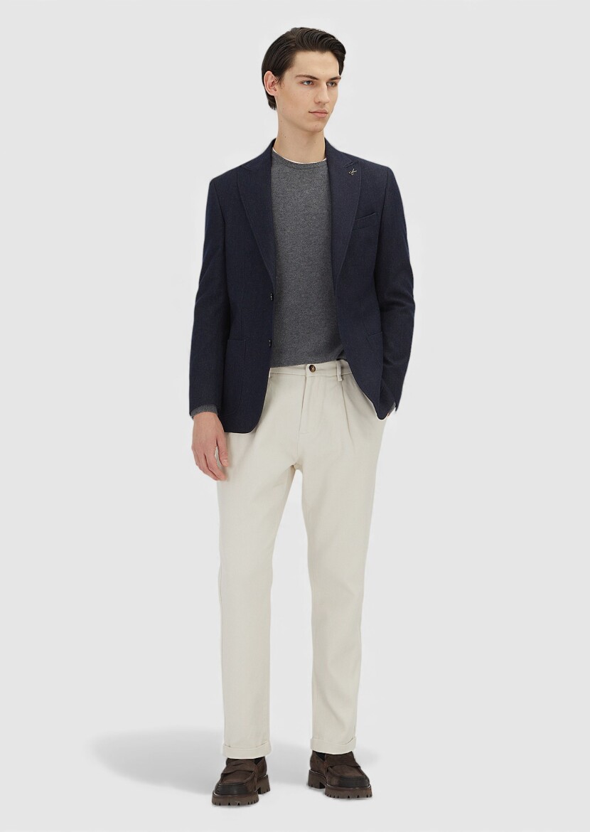 Navy Blue Patterned Wool Blended Jacket - RAMSEY