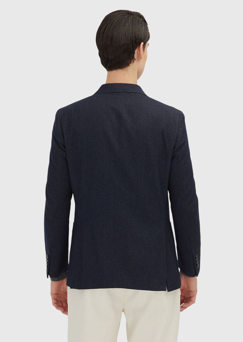 Navy Blue Patterned Wool Blended Jacket - 5