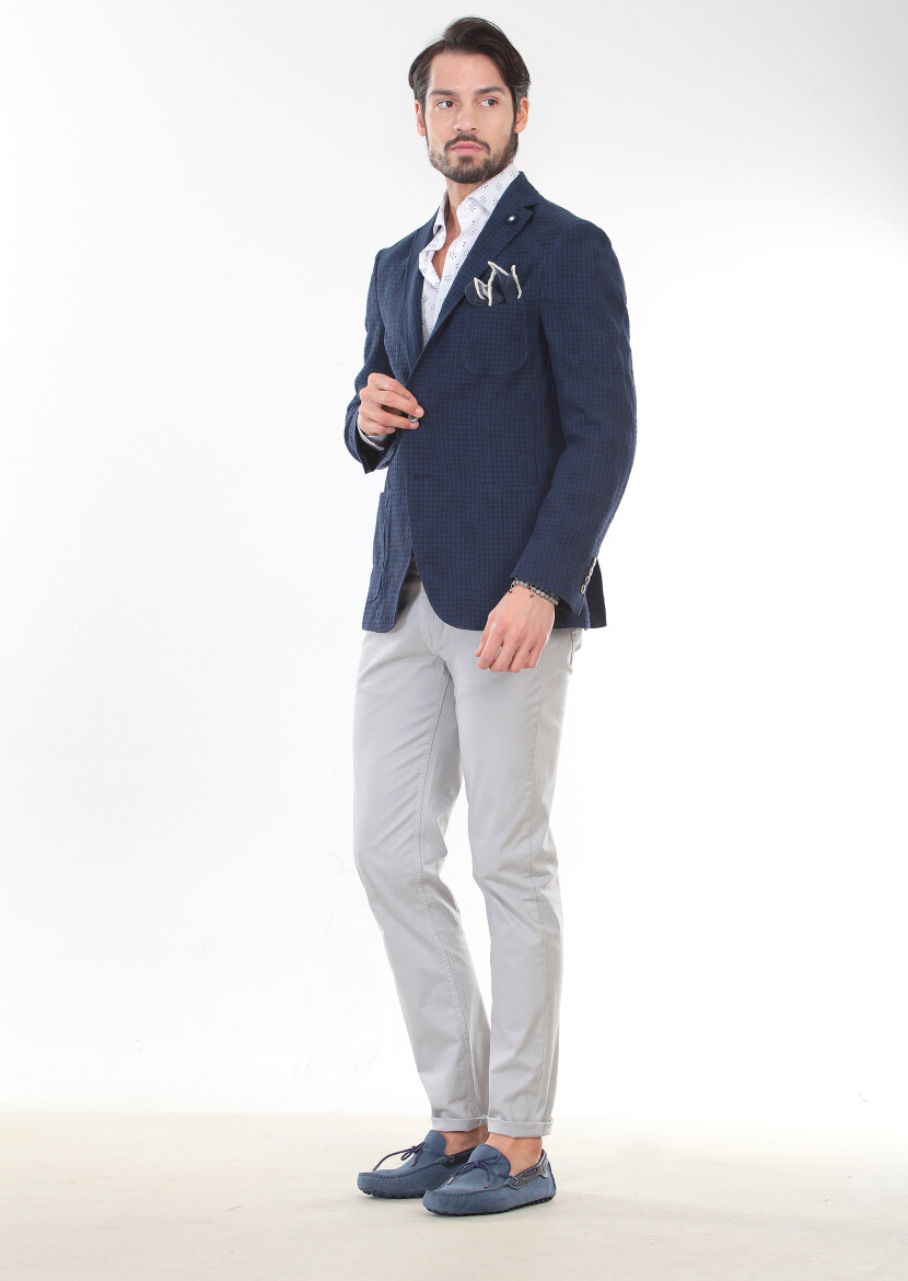 Navy Blue Patterned Zerogravity Slim Fit Cotton Blended Jacket - 3