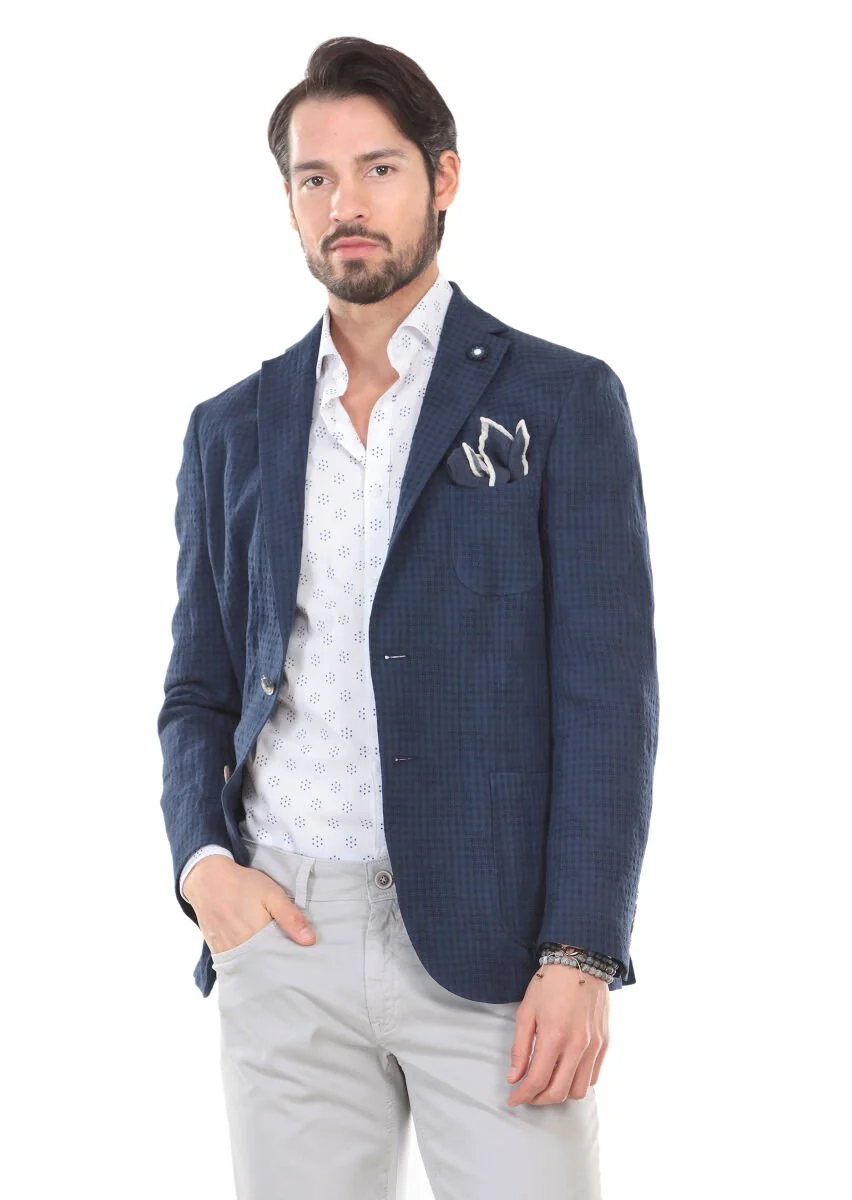 Navy Blue Patterned Zerogravity Slim Fit Cotton Blended Jacket - 1