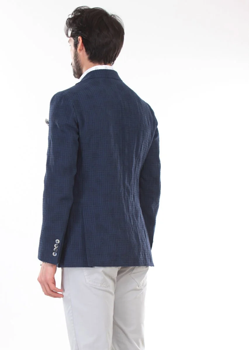 Navy Blue Patterned Zerogravity Slim Fit Cotton Blended Jacket - 2