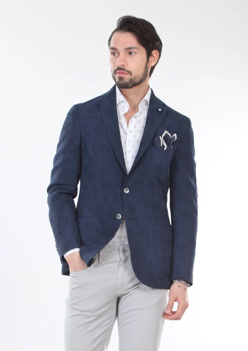Navy Blue Patterned Zerogravity Slim Fit Cotton Blended Jacket - 3