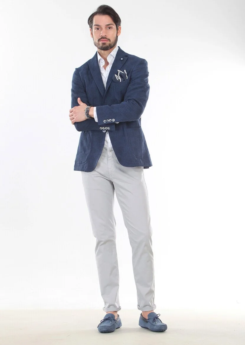 Navy Blue Patterned Zerogravity Slim Fit Cotton Blended Jacket - 4