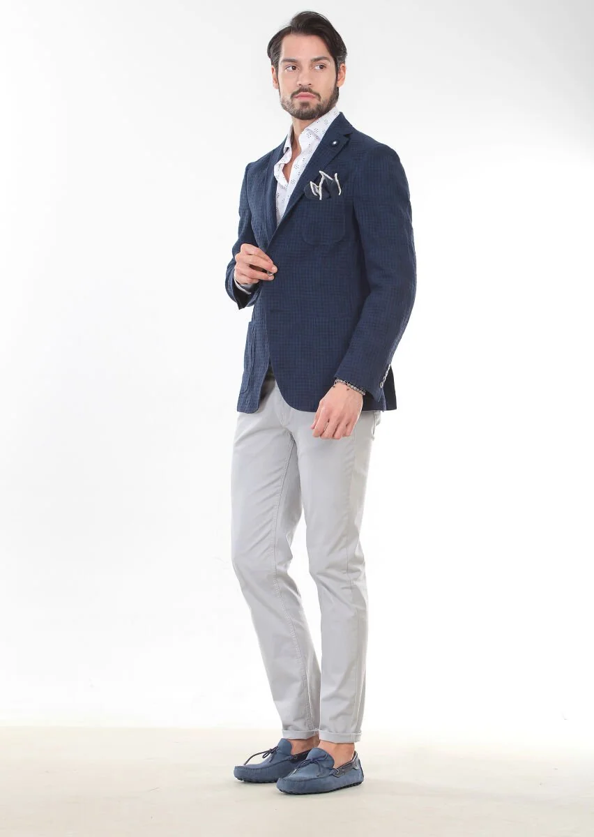 Navy Blue Patterned Zerogravity Slim Fit Cotton Blended Jacket - 5