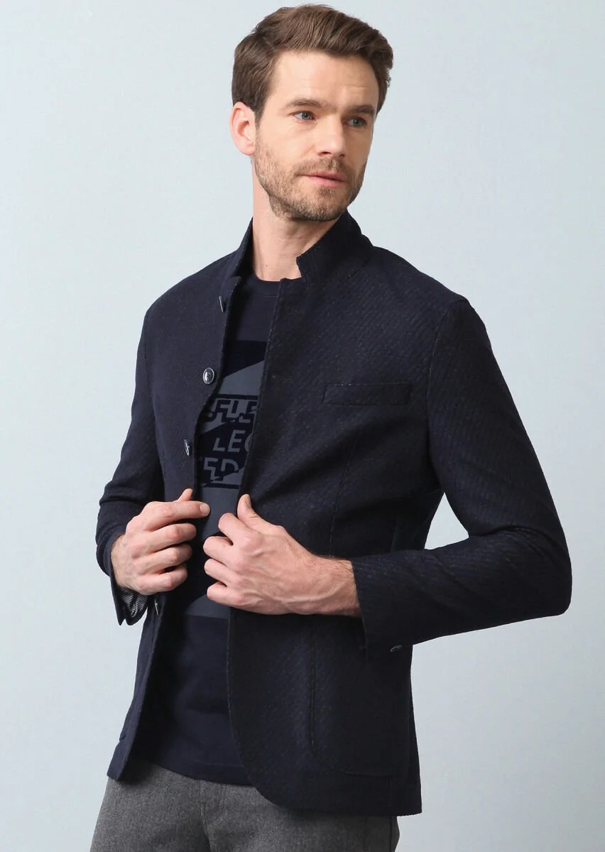 Navy Blue Patterned Zerogravity Slim Fit Wool Blended Jacket - 3
