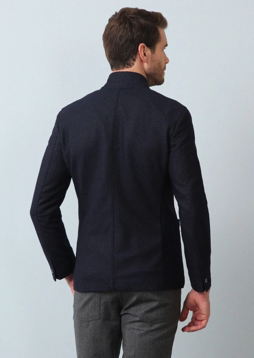 Navy Blue Patterned Zerogravity Slim Fit Wool Blended Jacket - 5