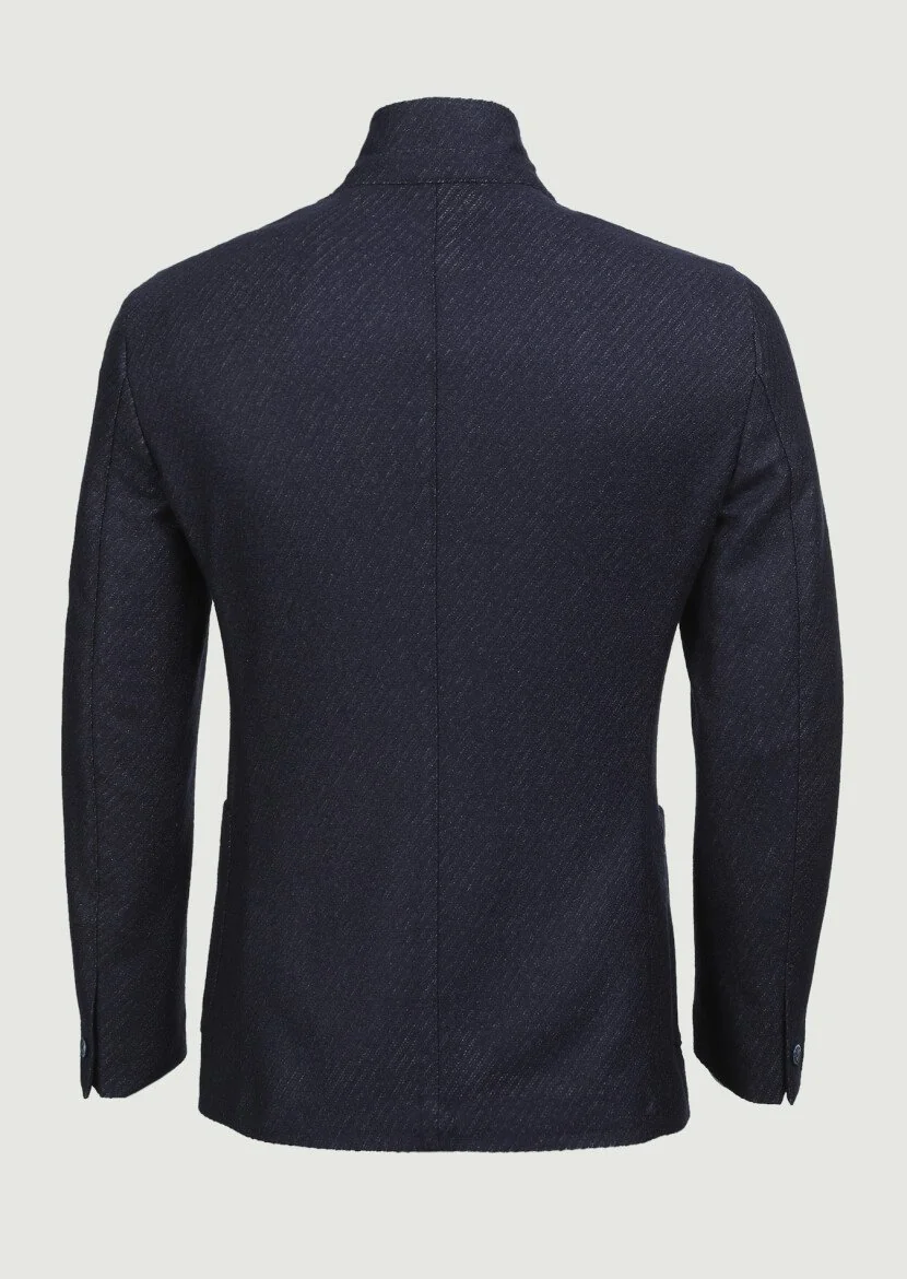 Navy Blue Patterned Zerogravity Slim Fit Wool Blended Jacket - 7