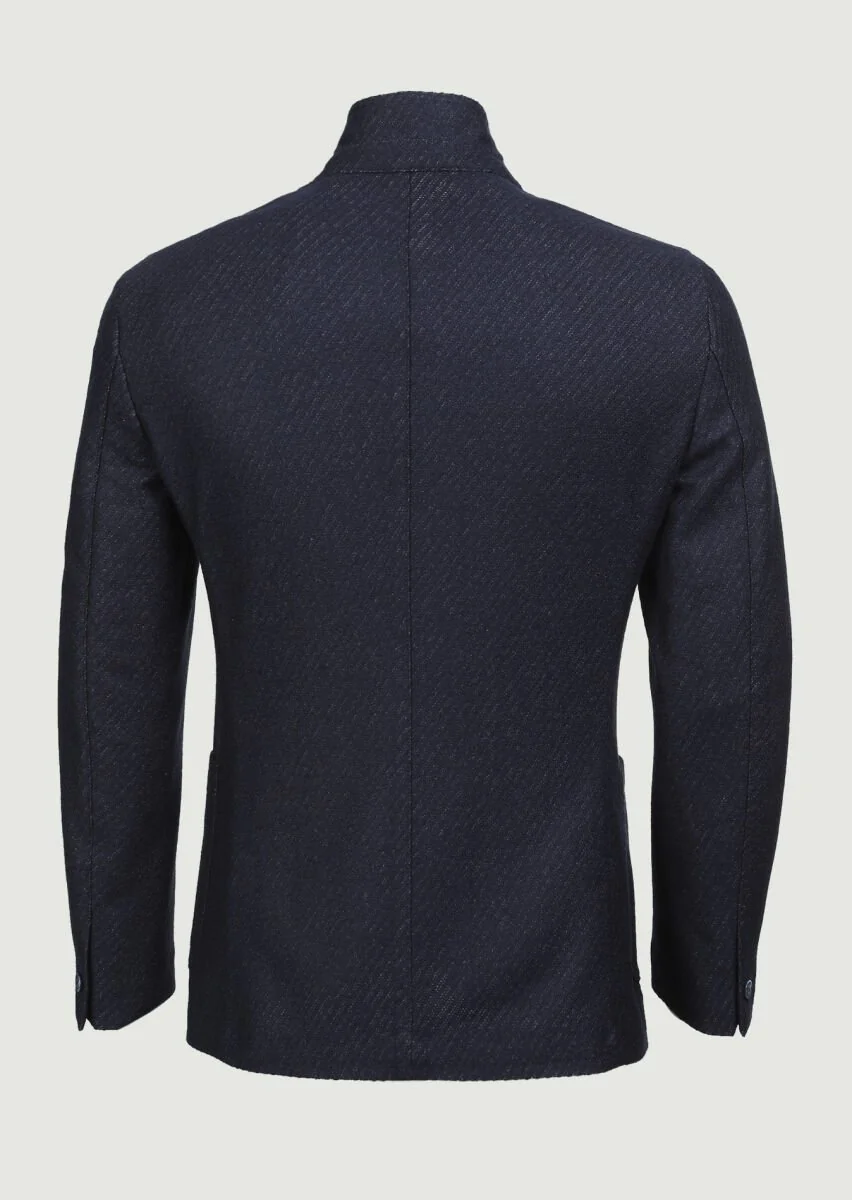 Navy Blue Patterned Zerogravity Slim Fit Wool Blended Jacket - 7