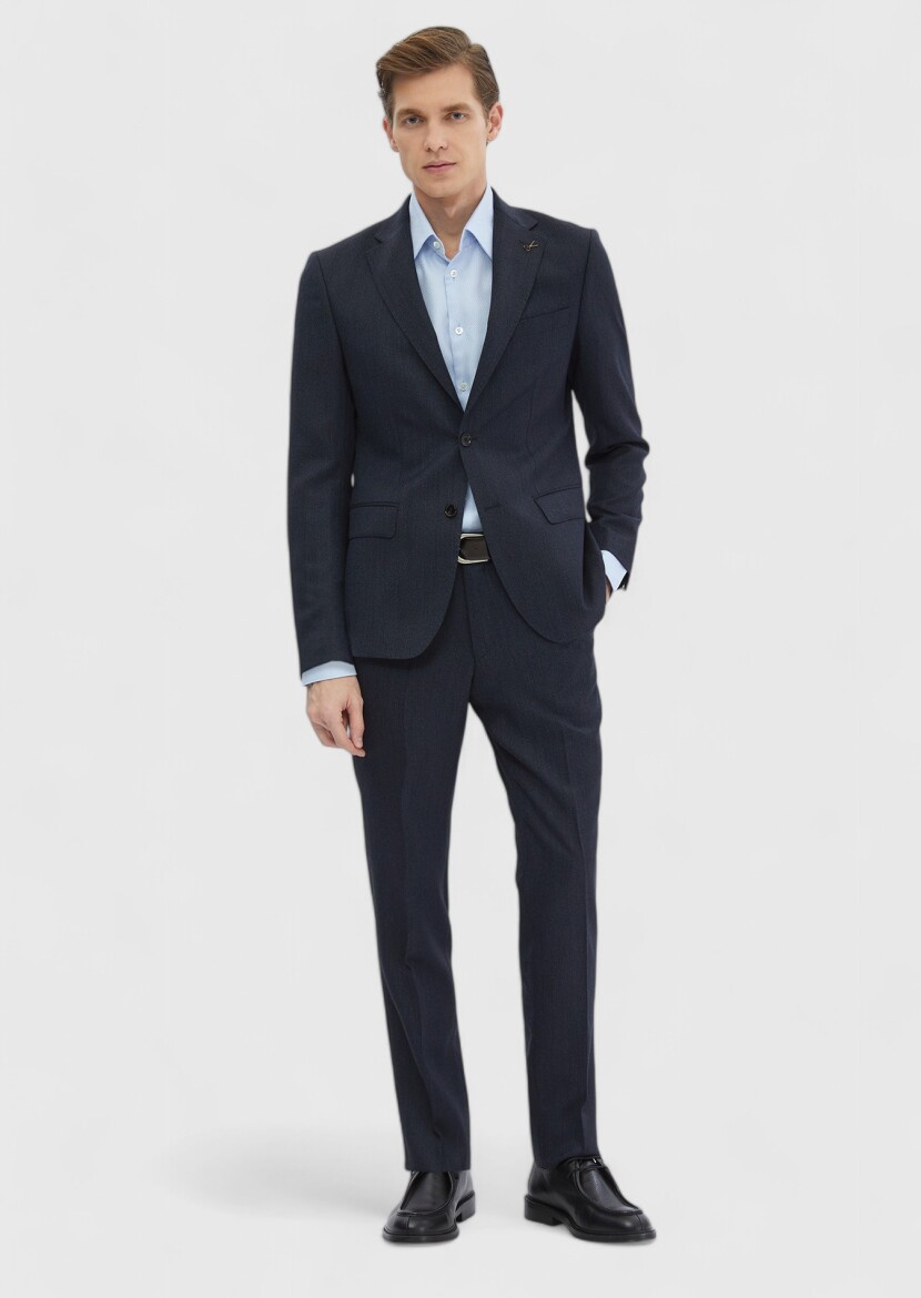 Navy Blue Patterned Zeroweight Slim Fit 100% Wool Suit - 2