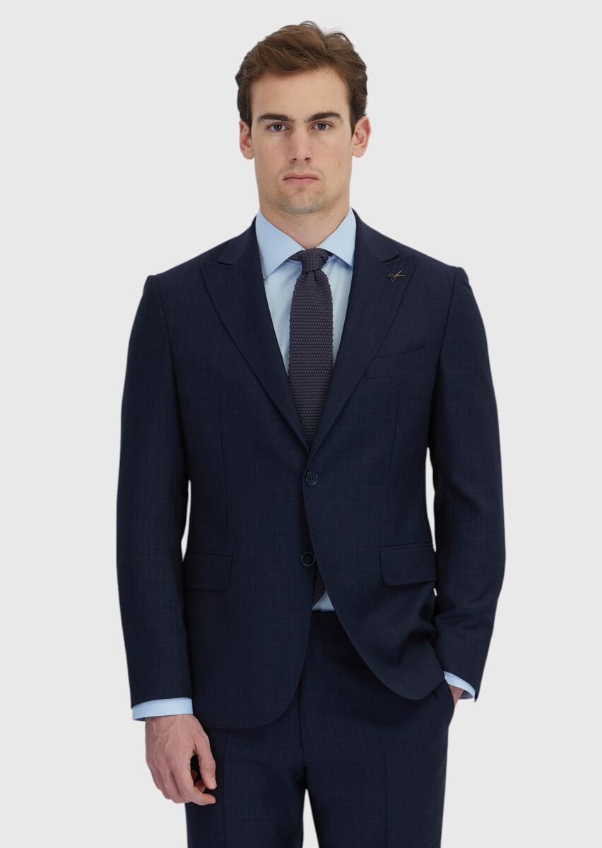 Navy Blue Patterned Zeroweight Slim Fit 100% Wool Suit - 1