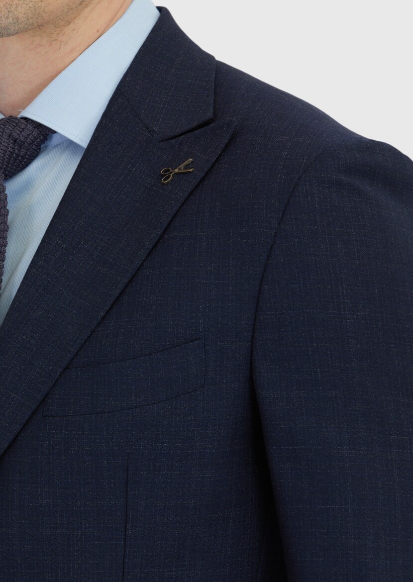 Navy Blue Patterned Zeroweight Slim Fit 100% Wool Suit - 5