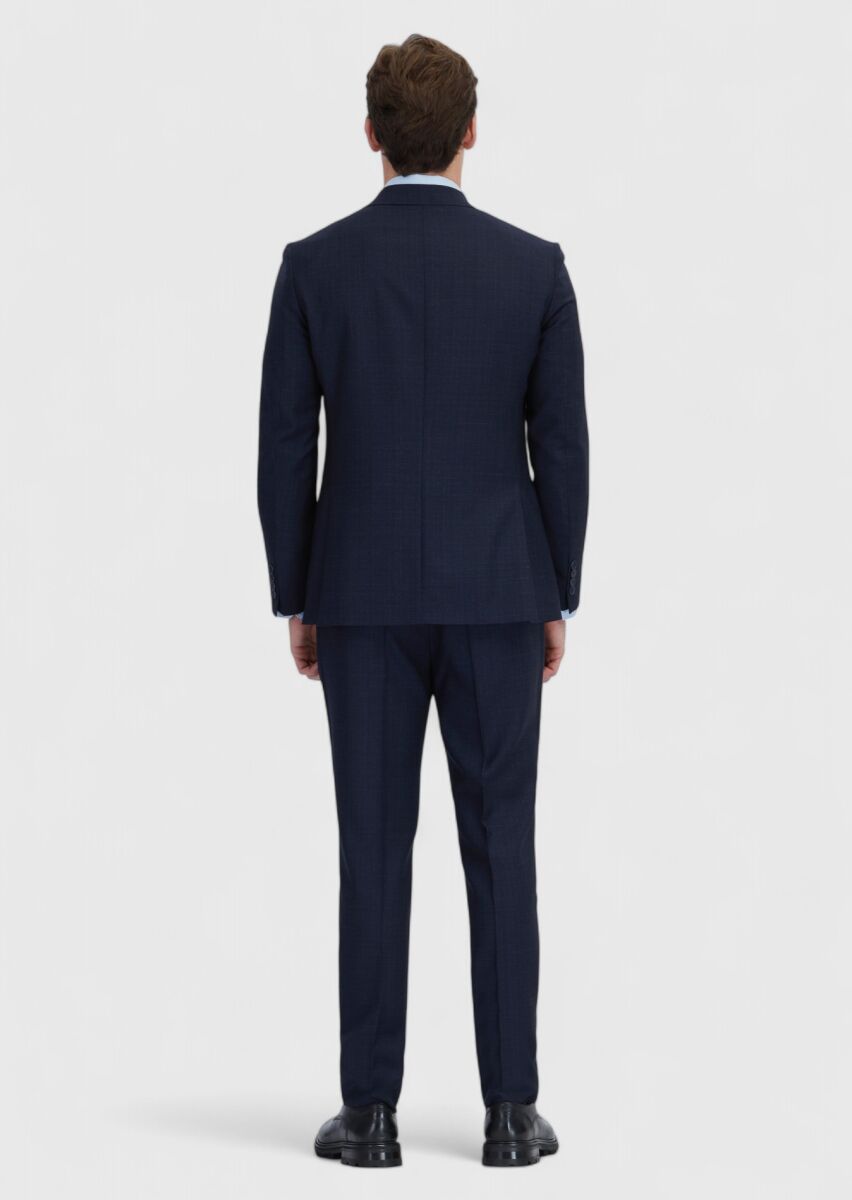 Navy Blue Patterned Zeroweight Slim Fit 100% Wool Suit - 7