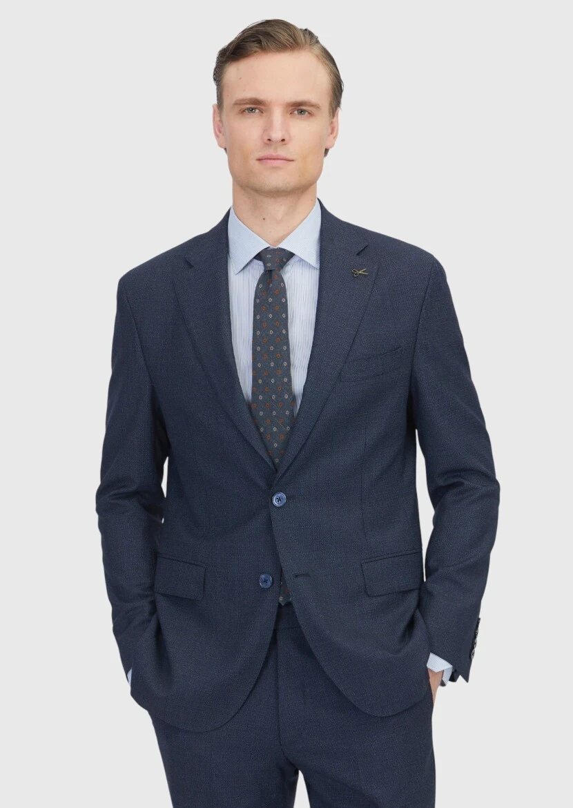 Navy Blue Patterned Zeroweight Slim Fit 100% Wool Suit - 1