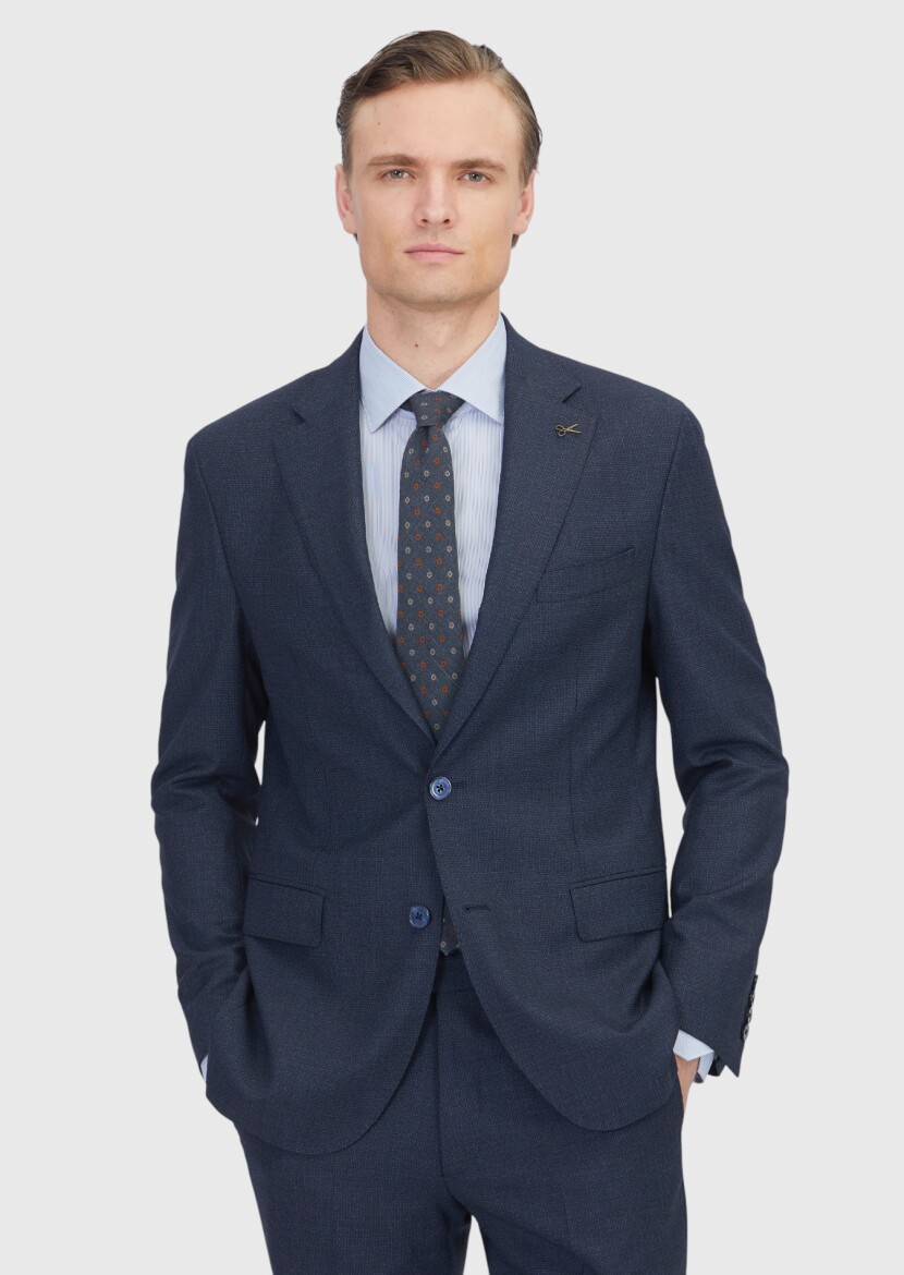 Navy Blue Patterned Zeroweight Slim Fit 100% Wool Suit - RAMSEY