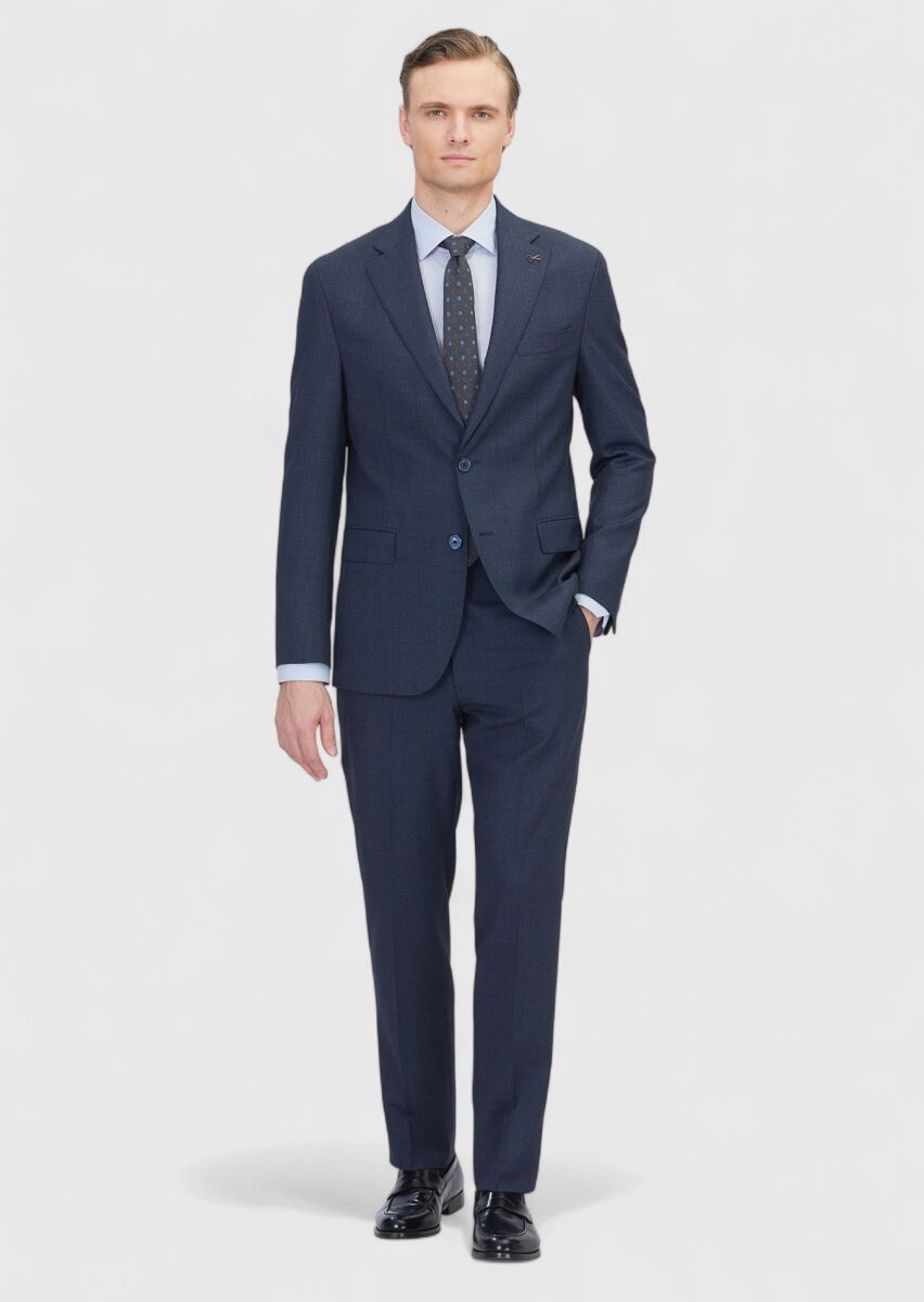 Navy Blue Patterned Zeroweight Slim Fit 100% Wool Suit - 2
