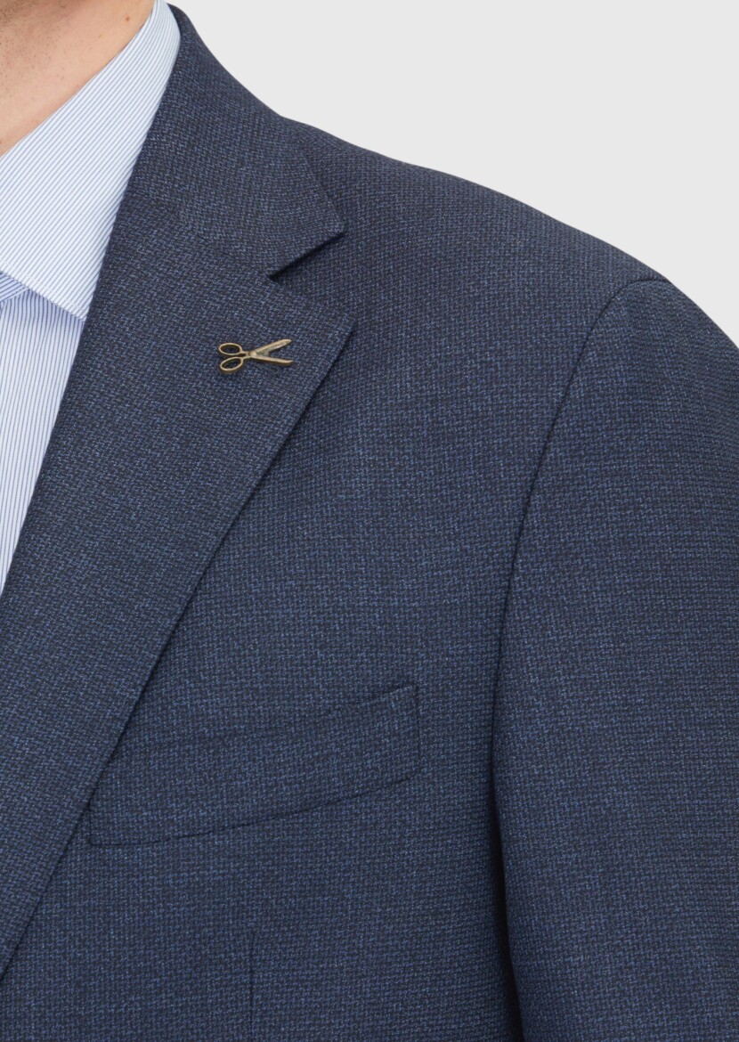 Navy Blue Patterned Zeroweight Slim Fit 100% Wool Suit - 4