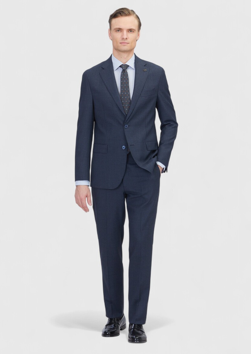 Navy Blue Patterned Zeroweight Slim Fit 100% Wool Suit - RAMSEY