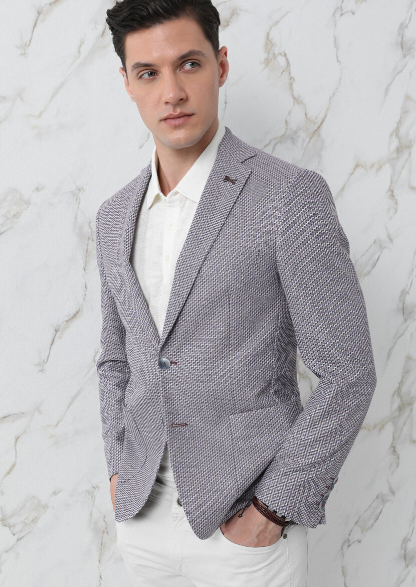 Navy Blue Patterned Zeroweight Slim Fit Cotton Blended Jacket - 1