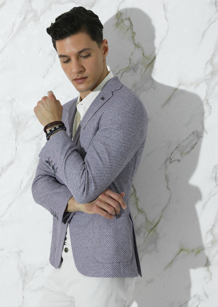 Navy Blue Patterned Zeroweight Slim Fit Cotton Blended Jacket - 2