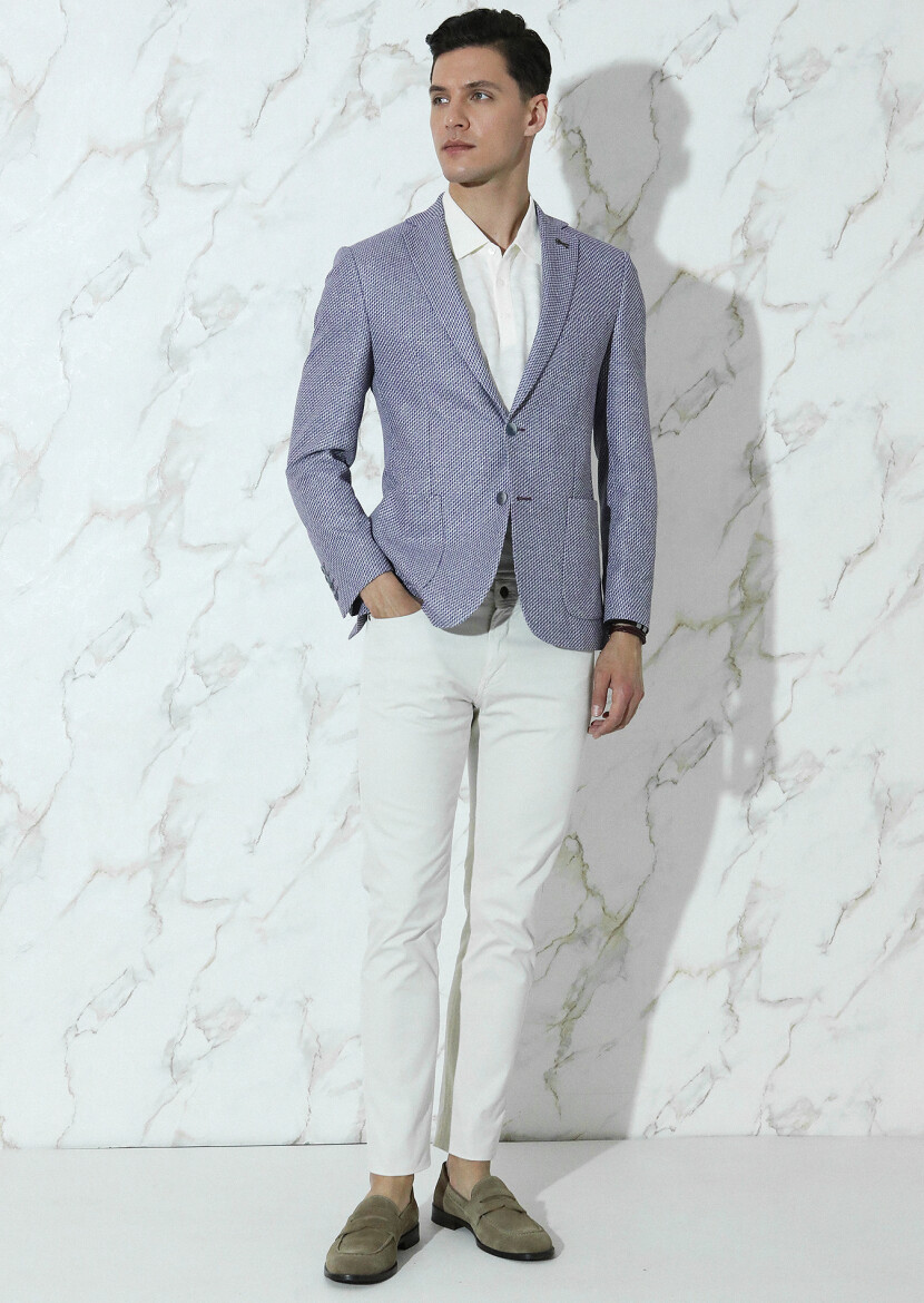 Navy Blue Patterned Zeroweight Slim Fit Cotton Blended Jacket - 3