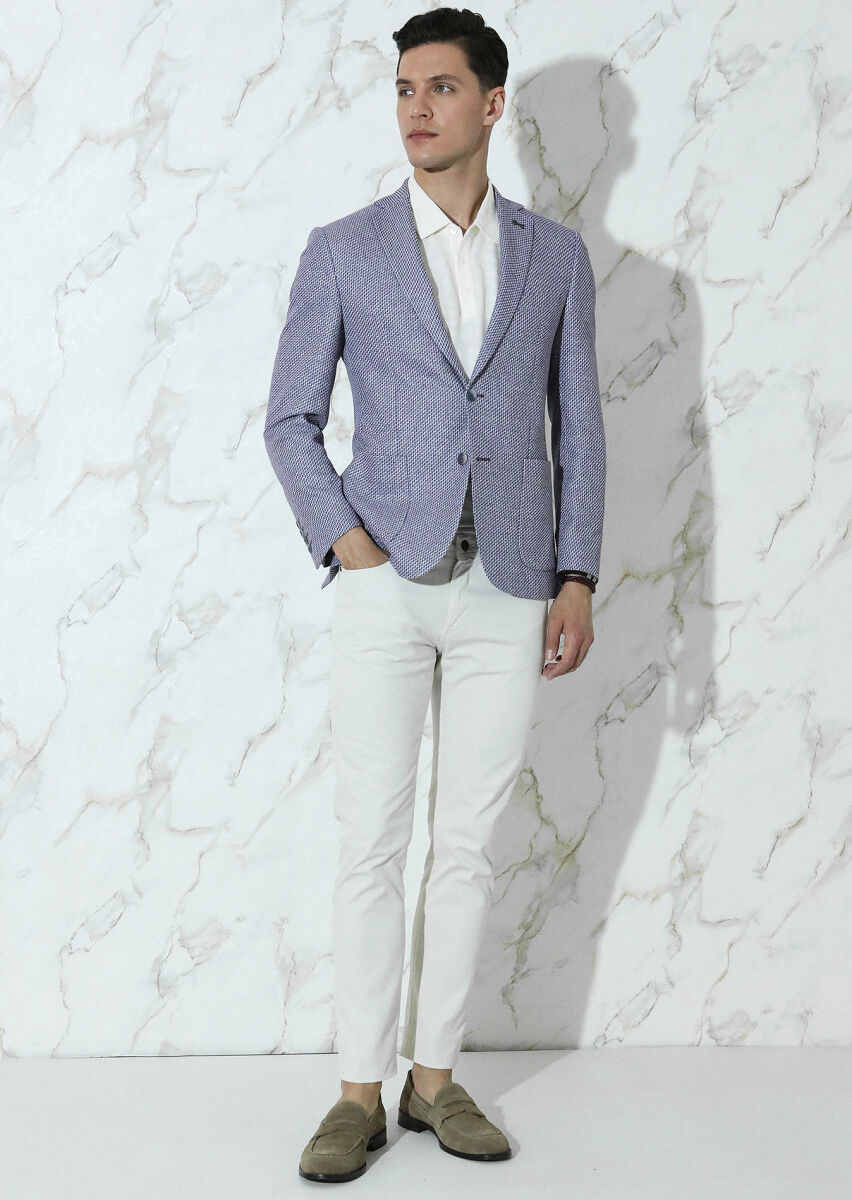 Navy Blue Patterned Zeroweight Slim Fit Cotton Blended Jacket - 3