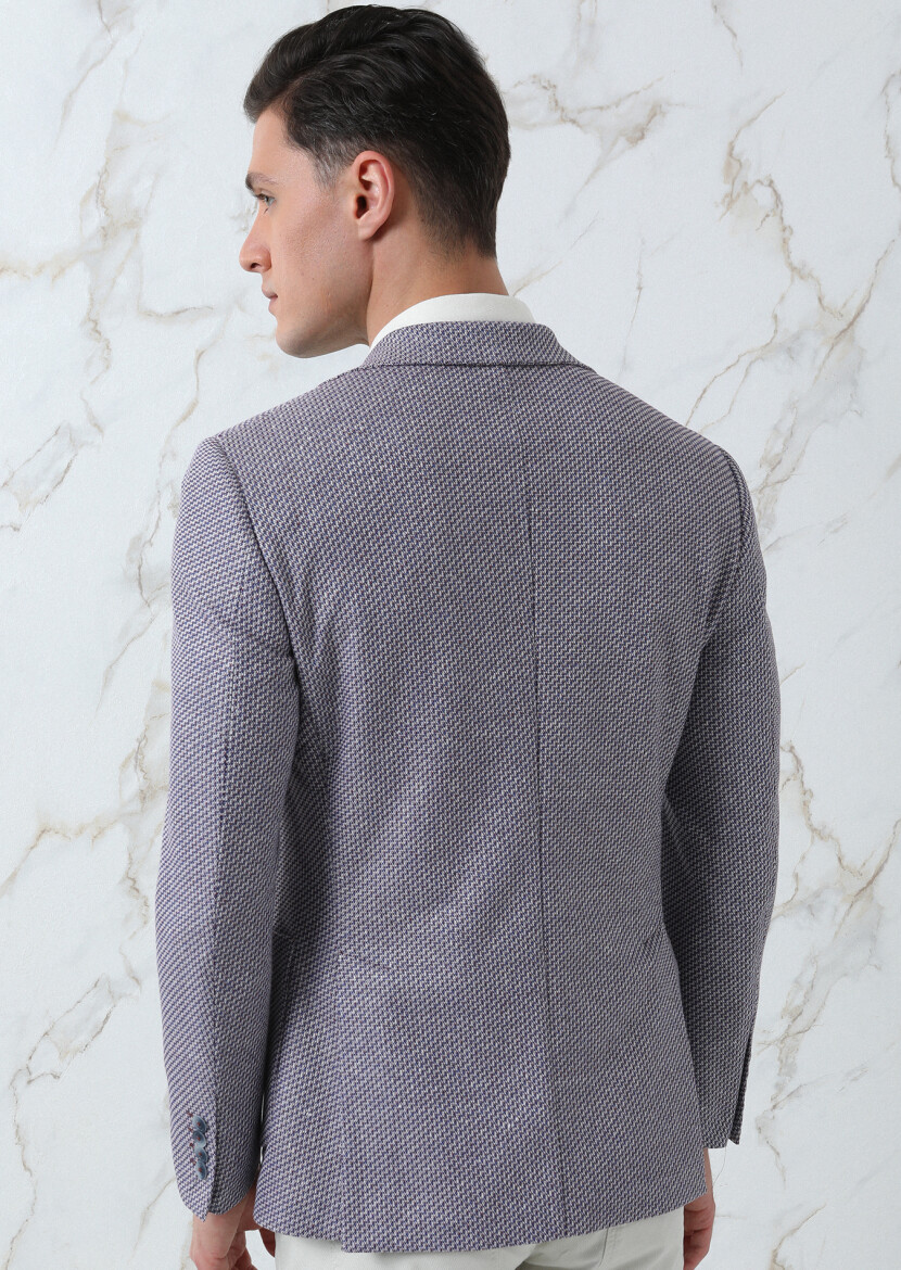 Navy Blue Patterned Zeroweight Slim Fit Cotton Blended Jacket - 4