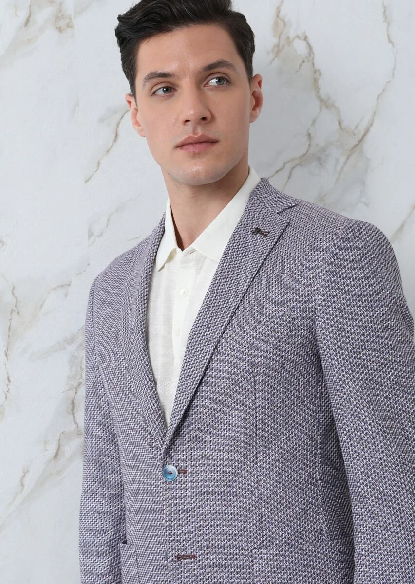 Navy Blue Patterned Zeroweight Slim Fit Cotton Blended Jacket - 2