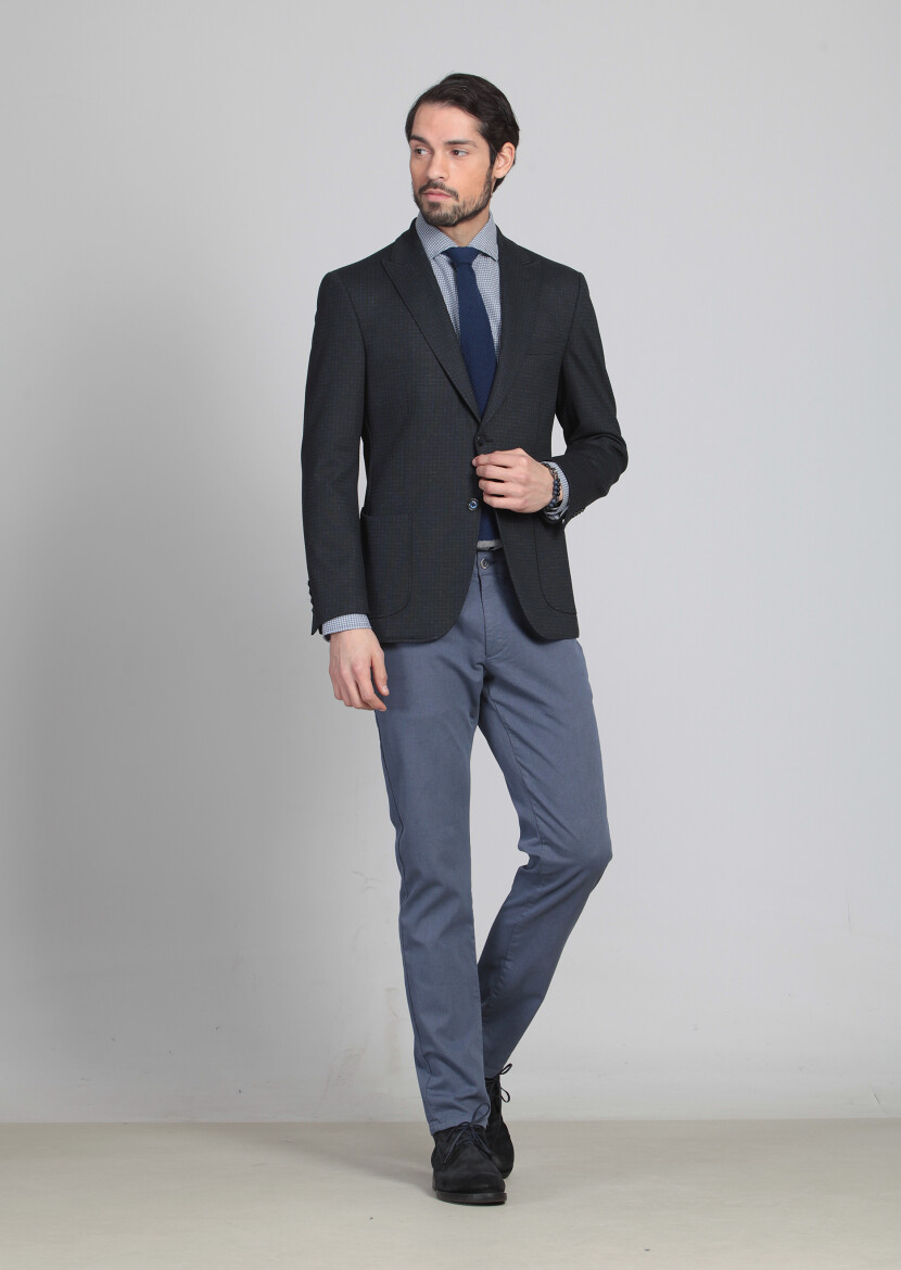 Navy Blue Patterned Zeroweight Slim Fit Jacket - 1