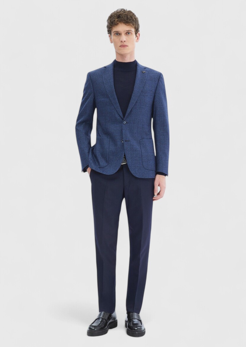 Navy Blue Patterned Zeroweight Slim Fit Silk Blended Jacket - 2