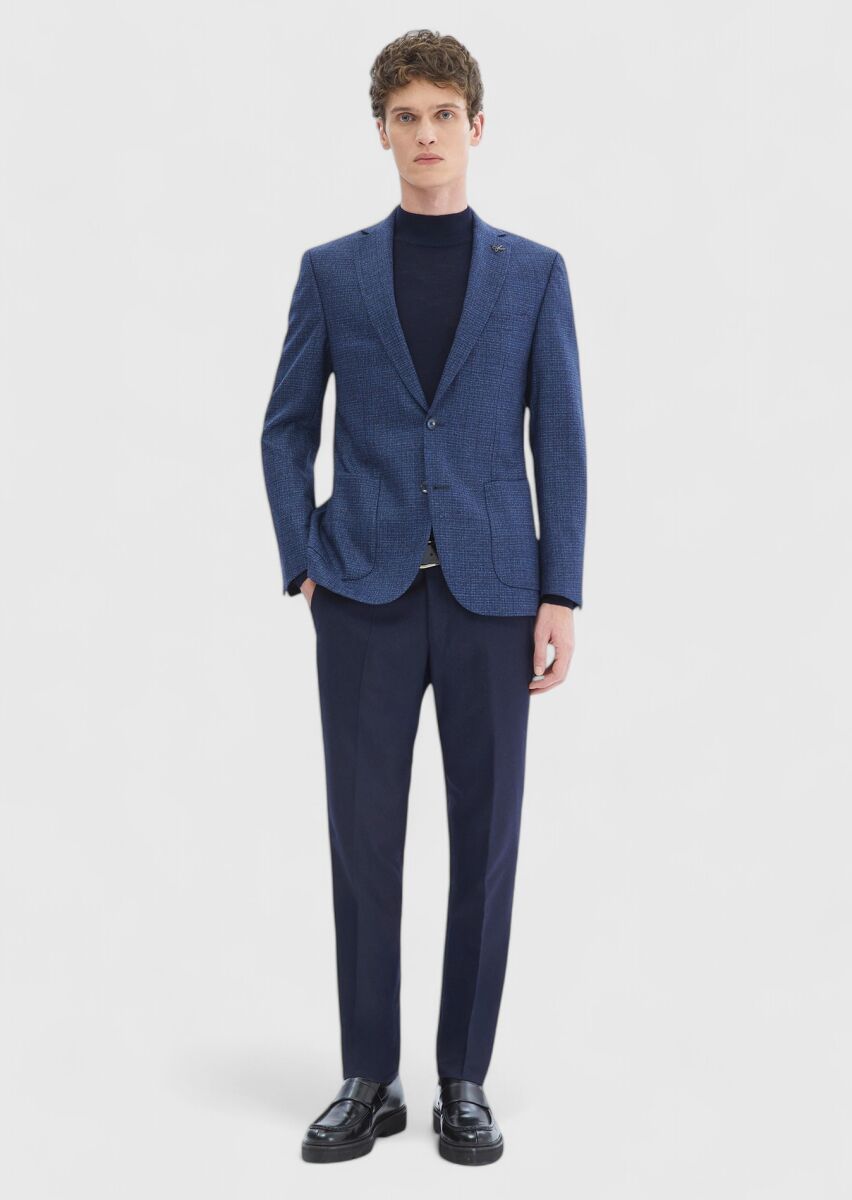 Navy Blue Patterned Zeroweight Slim Fit Silk Blended Jacket - 2