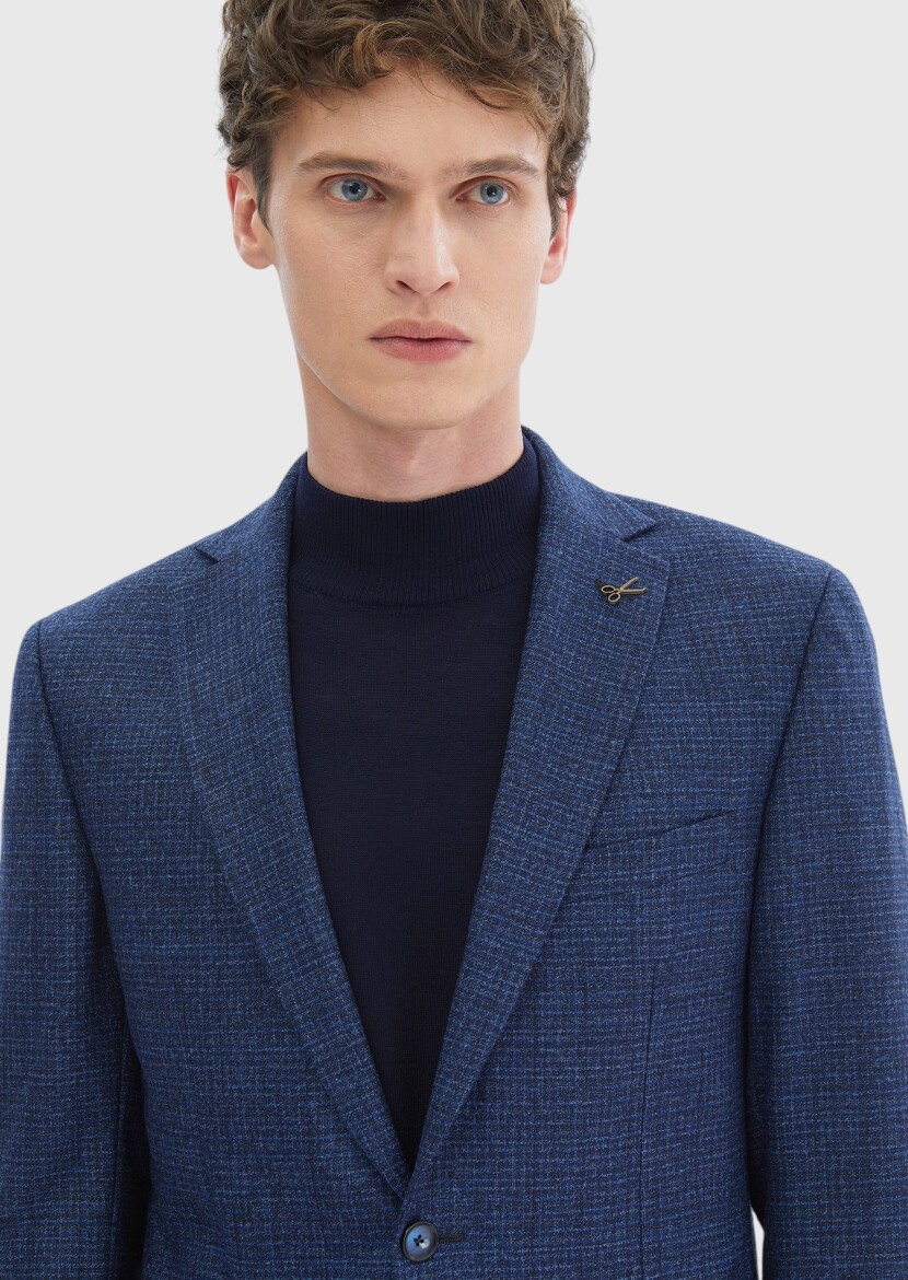 Navy Blue Patterned Zeroweight Slim Fit Silk Blended Jacket - 3