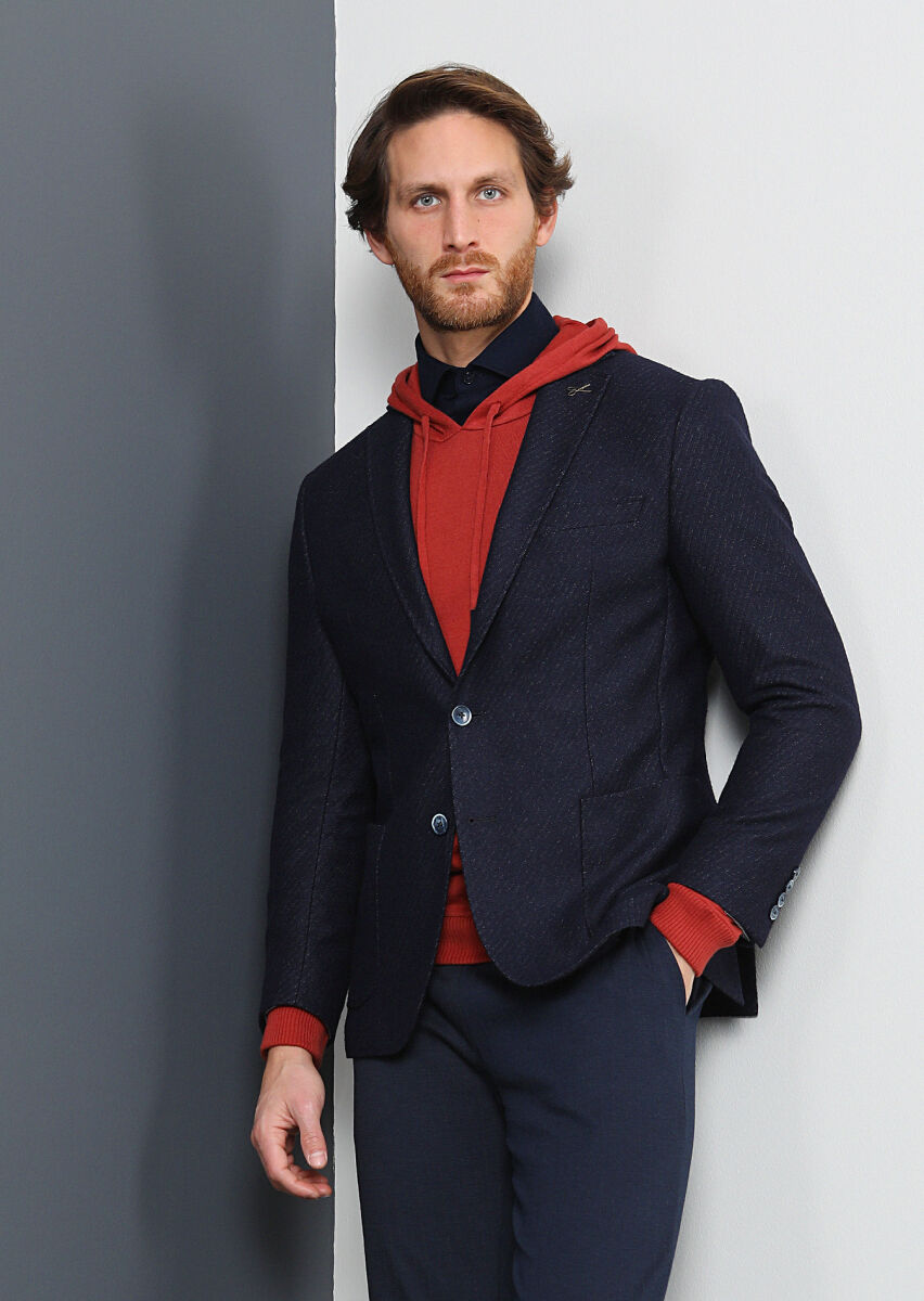 Navy Blue Patterned Zeroweight Slim Fit Wool Blended Jacket - 1