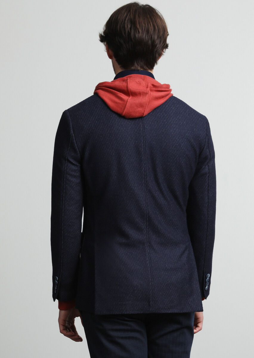 Navy Blue Patterned Zeroweight Slim Fit Wool Blended Jacket - 4