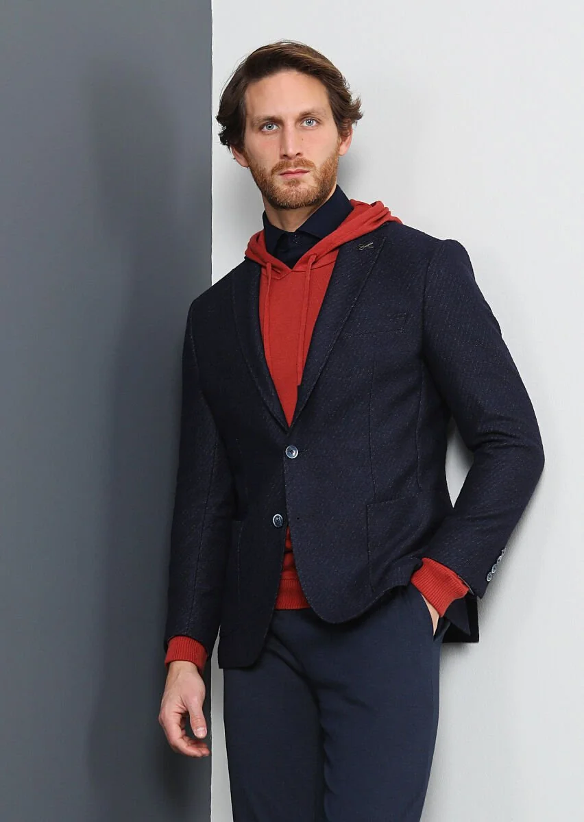 Navy Blue Patterned Zeroweight Slim Fit Wool Blended Jacket - 1