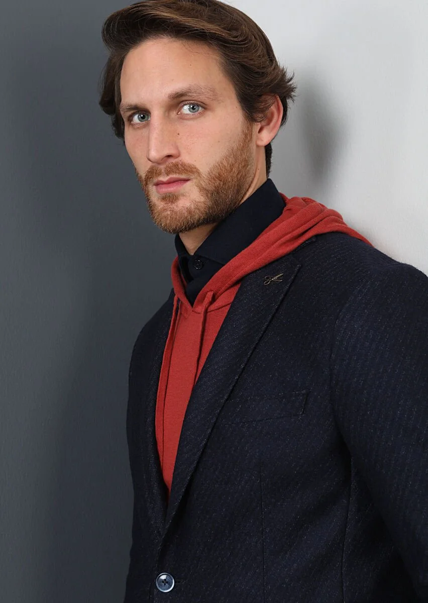 Navy Blue Patterned Zeroweight Slim Fit Wool Blended Jacket - 2